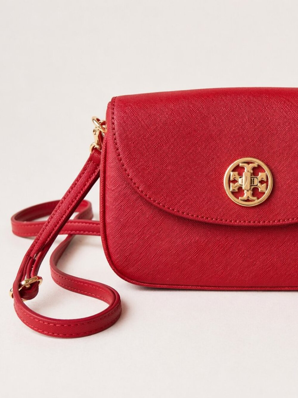 Tory Burch Red Saffiano Leather Crossbody Bag Gold Logo Adjustable Strap
